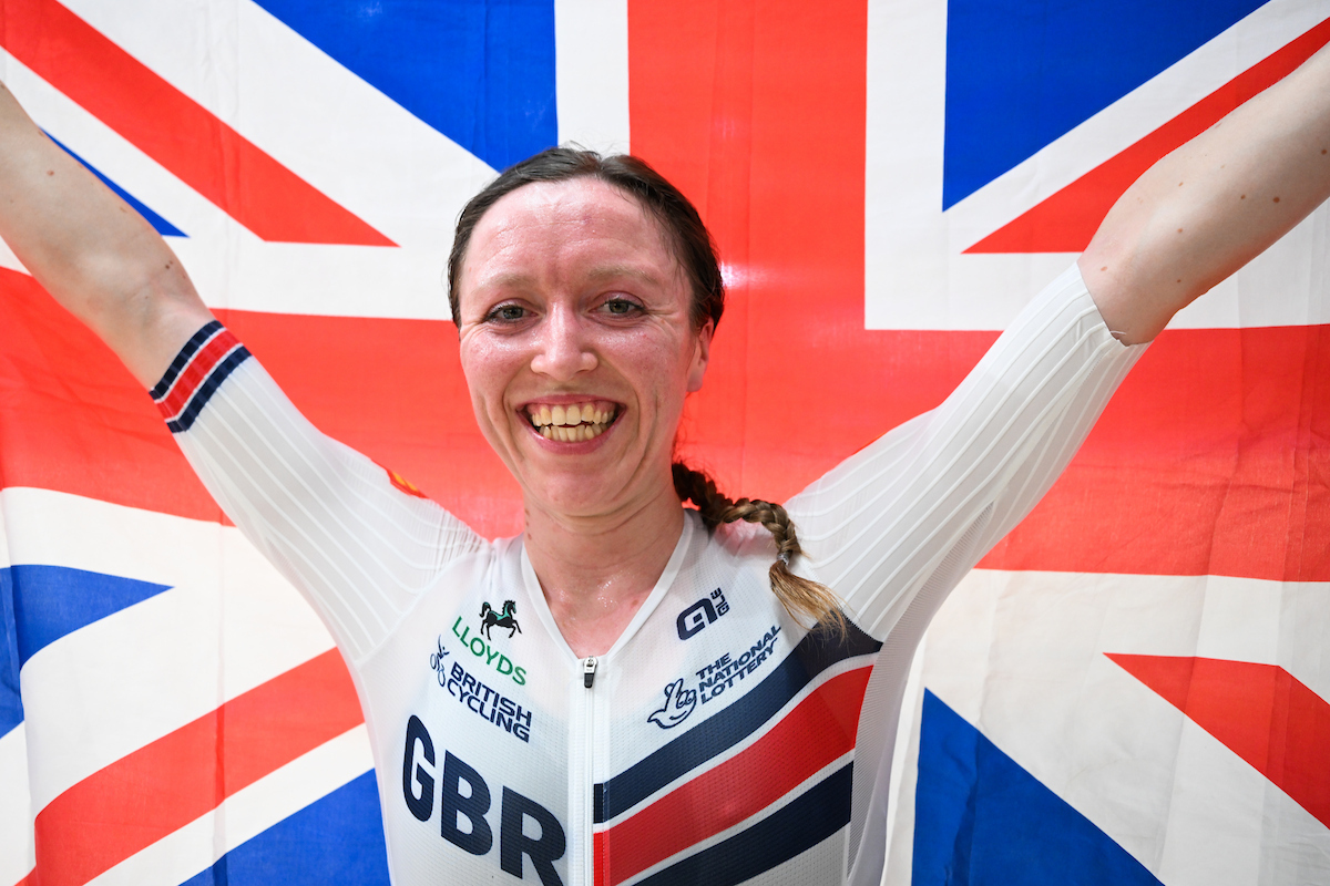 Anna Morris celebrates after winning the Omnium at the 2026 UCI Track World Championships.