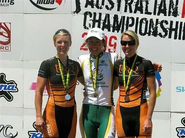 The elite women's short track podium: Katherine O'Shea, Rowena Fry and Jo Wall