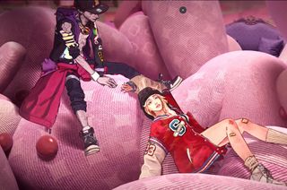 A zombie and a cool grunge girl sit on pink pillows