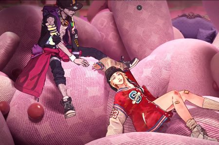 A zombie and a cool grunge girl sit on pink pillows