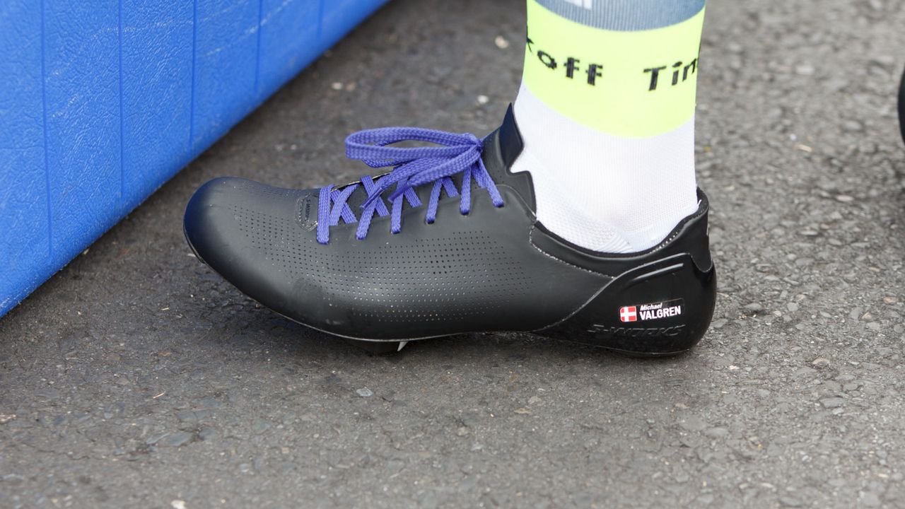 Tinkoff rider Michael Valgren was wearing the new Specialized Sub6 laced shoes