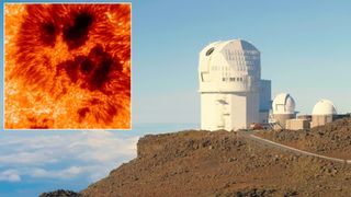 two images: on the left, an inset image of a fuzzy-looking orange and yellow orb with dark patches; on the right, a white domed building atop a tall mountain