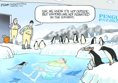 Editorial cartoon U.S. Climate change heat wave aquarium penguins