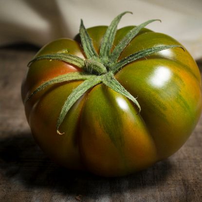 greenish streaked variety of tomato, isolated on wooden table 