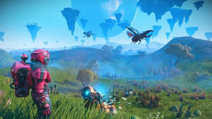 No Man's Sky Xeno Arena update screenshot shows a character stood next to a creature on a hill, looking at a vast landscape and flying, bug-like aliens in the distance.