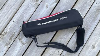 Image shows the Manfrotto BeFree travel tripod in its carry bag