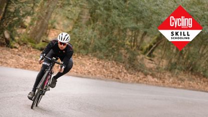 Image shows a rider cornering on a road bike.