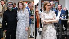 Composite of two pictures of Princess Beatrice wearing a floral dress alongside Mr Brainwash at the presentation of Mr. Brainwash by Clarendon Fine Art and Jack Barclay Bentley