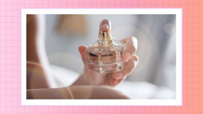 A woman spraying a glass bottle of pink colored perfume on wrist/ in a pink and orange gradient template