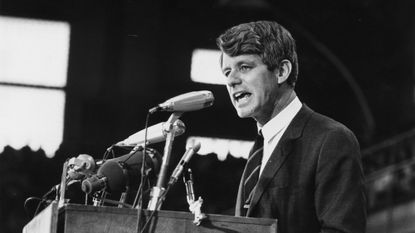 Sen. Robert F. Kennedy gives a speech during an election rally in 1968.