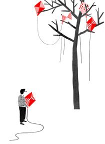 Screen print of a person holding a red kite while looking up at a tree where similar red kites are stuck.