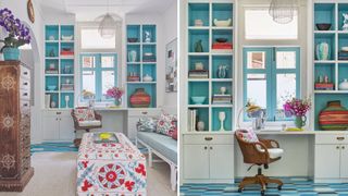 living area with a wall of bespoke shelving used a home office with the joinery painted in blue to support a maximalist decor approach to decorating