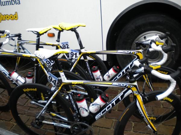 HTC-Columbia's Scott bikes before the start