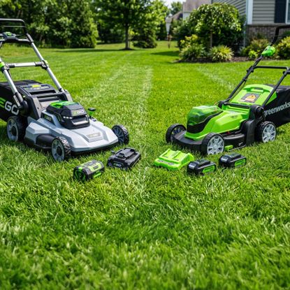 An EGO and a Greenworks lawnmower facing each other on a lawn
