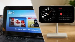(L, R) The Amazon Echo Show 5 and an iPhone showing a clock using iOS 17's StandBy Mode