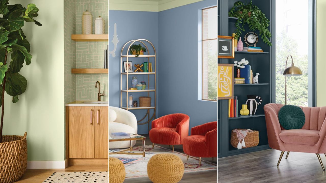 light green kitchen, blue living room, dark navy shelving with pink armchair