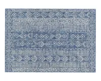 A blue and white patterned outdoor rug from Raymour & Flanigan