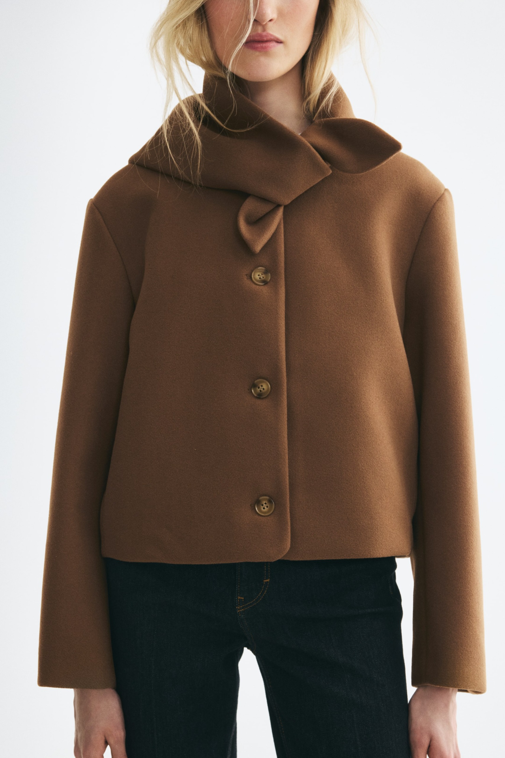 Scarf-Collar Twill Jacket
