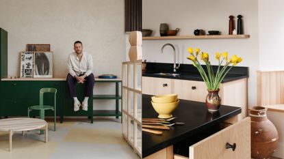 William Floyd-Maclean sits on a wooden kitchen he has designed, to his right, a detail of one of his kitchen is captured in natural light.