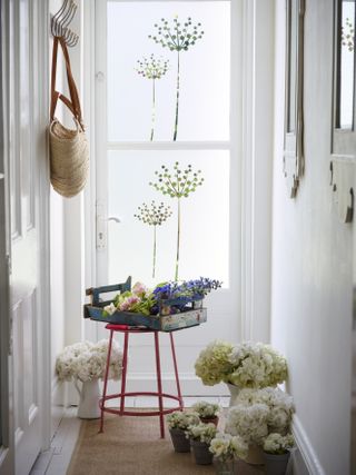 hallway with white scheme and window film with floral design by the window film company