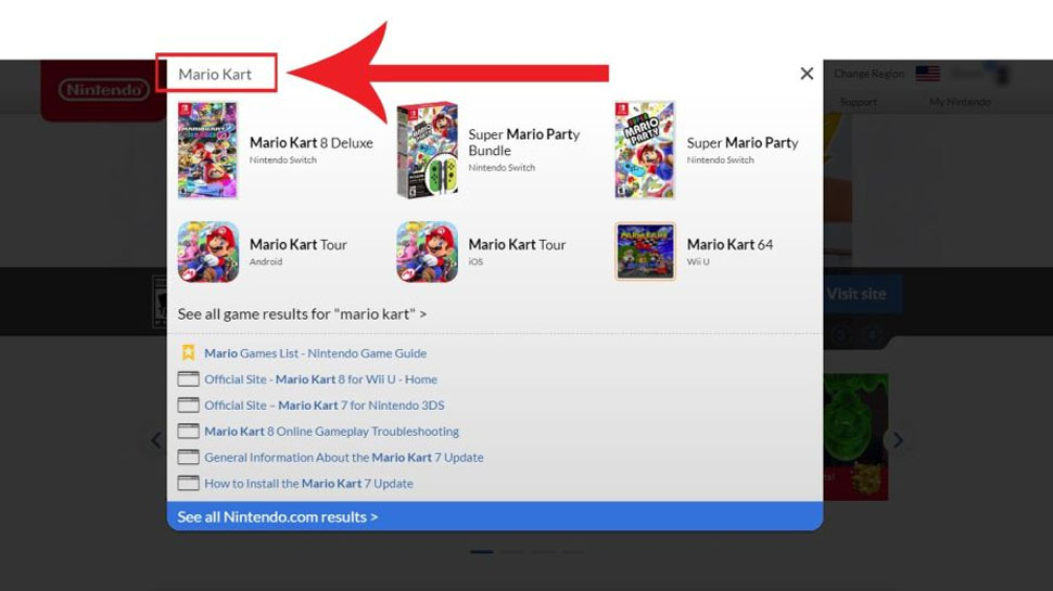 Captura de pantalla de la barra de búsqueda en el sitio web de Nintendo