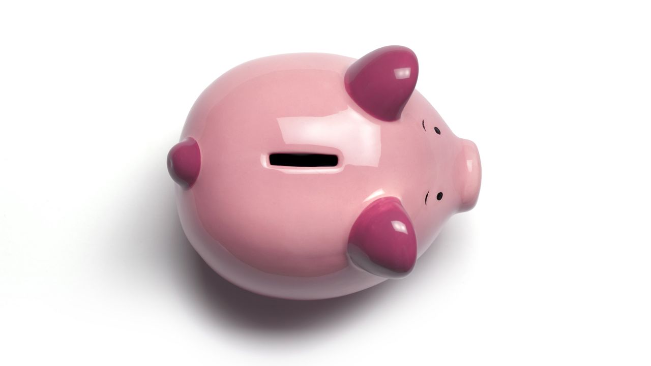 An aerial view of a pink piggy bank.