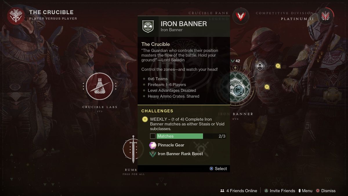 Destiny 2 Iron Bannner daily challenges in menu