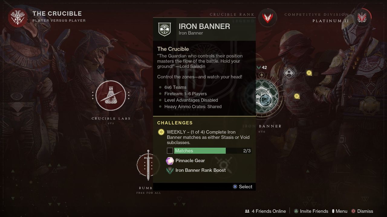Destiny 2 Iron Bannner daily challenges in menu