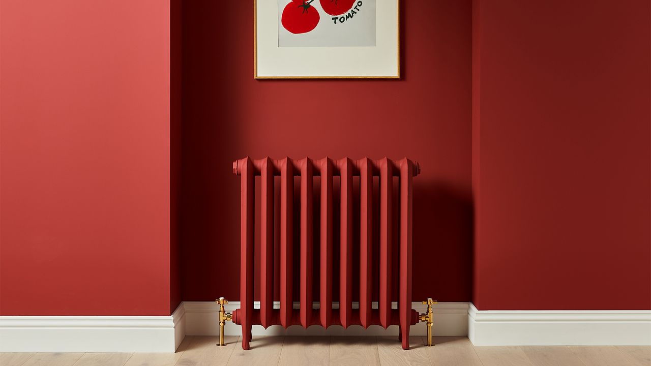 Red-painted walls with a matching radiator and a tomato print