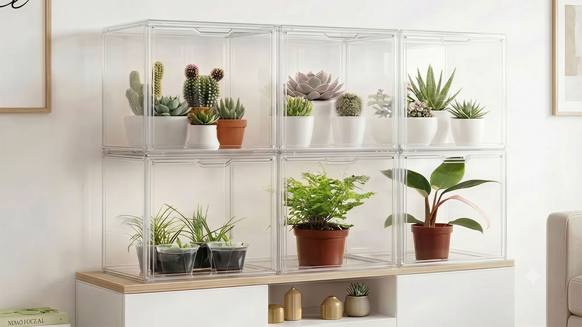 HBlife Mini Greenhouses displayed with houseplants against a wall