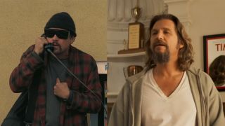 Side by side photos, Leonardo DiCaprio in One Battle After Another on the left, Jeff Bridges in The Big Lebowski on the right