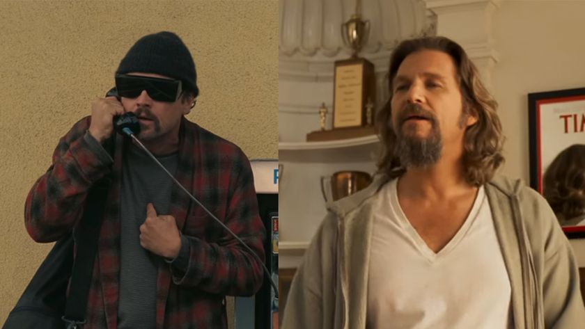Side by side photos, Leonardo DiCaprio in One Battle After Another on the left, Jeff Bridges in The Big Lebowski on the right