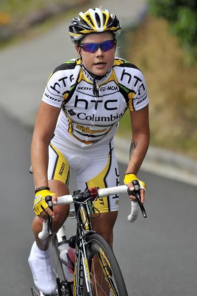 Linda Villumsen had broken away with Rachel Mercer but now rides alone up Dyers Pass Rd