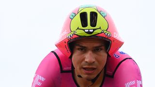 A close up of Stefan Bissegger's pink POC helmet