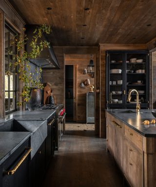 Modern rustic kitchen with dark wood cladding, black cabinets, wood island and brass hardware