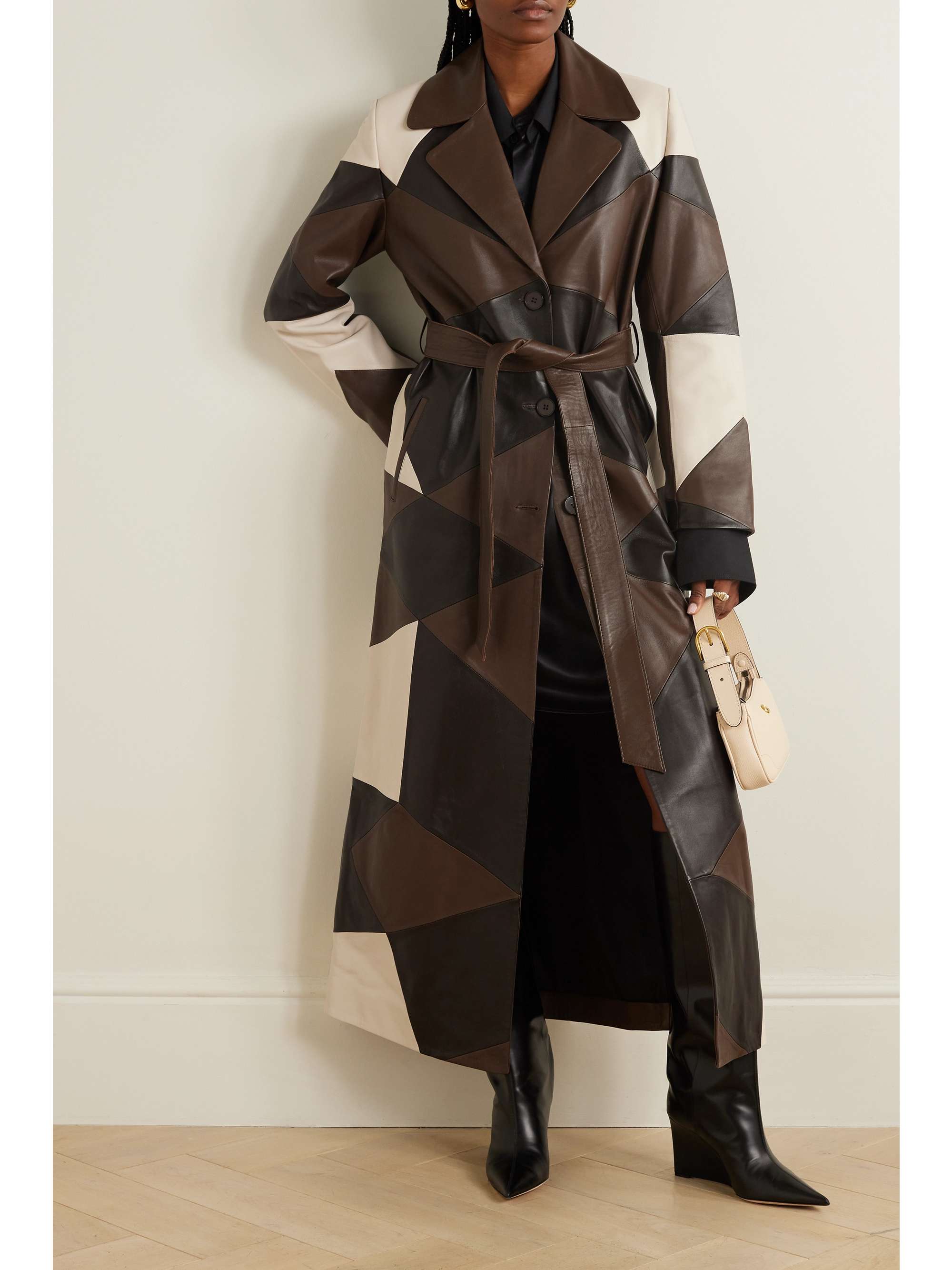 + Net Sustain Sonja Belted Patchwork Leather Coat