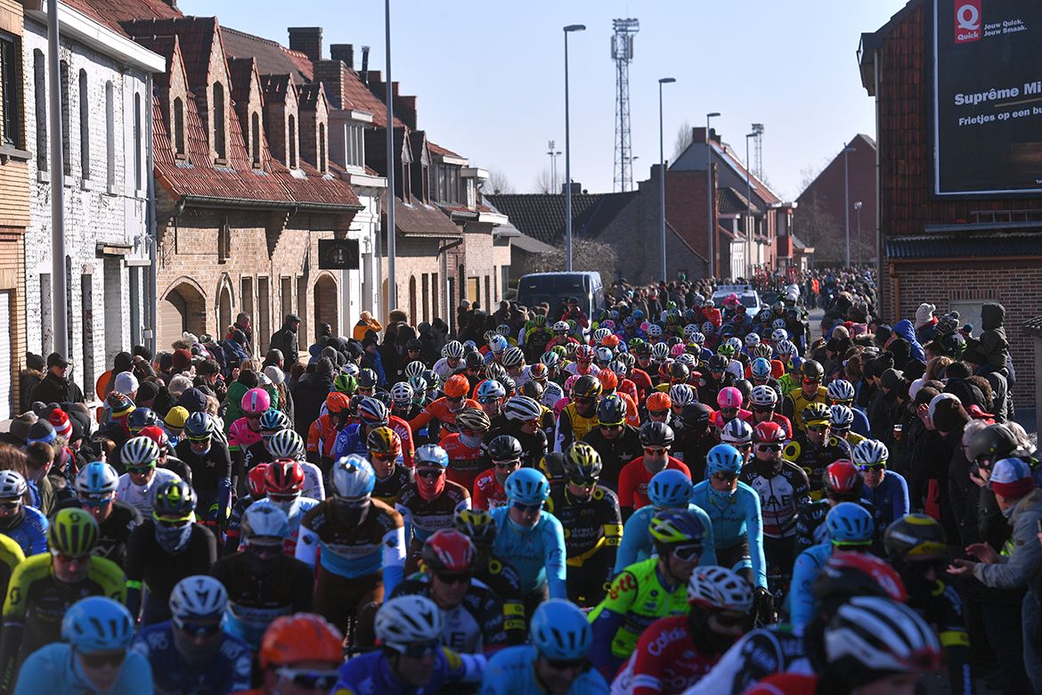 The riders await the start of the 2018 Kuurne-Brussel-Kuurne