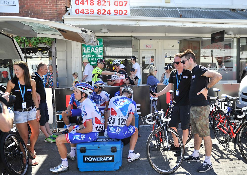 FDJ riders prepare for the first stage of the Tour Down Under cycling race from Adelaide to Tanunda