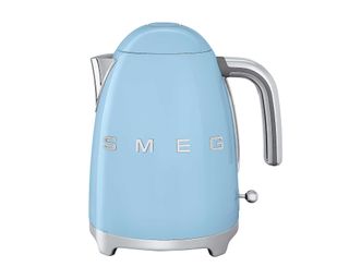 SMEG KLF03 logo stainless steel kettle in pale blue