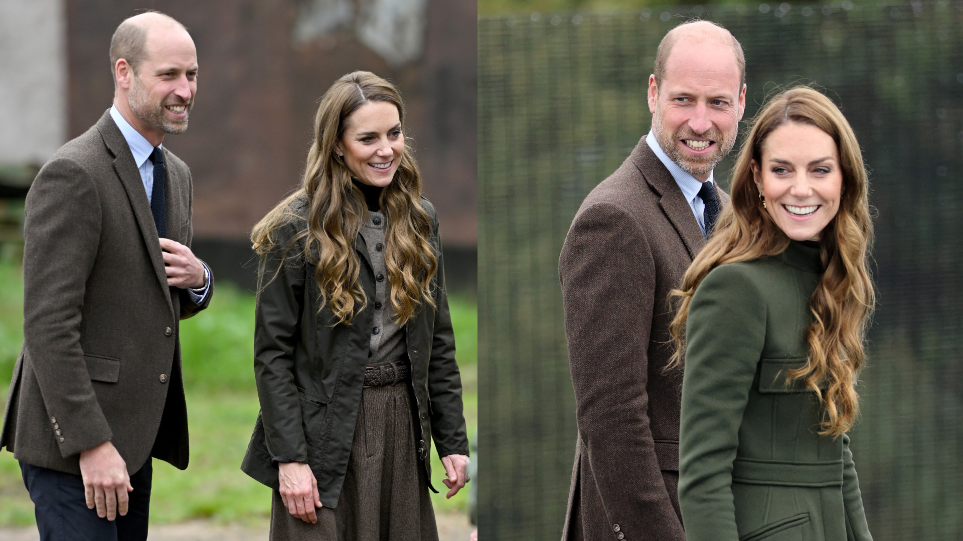 Kate Middleton and Prince William wearing fall jackets and smiling