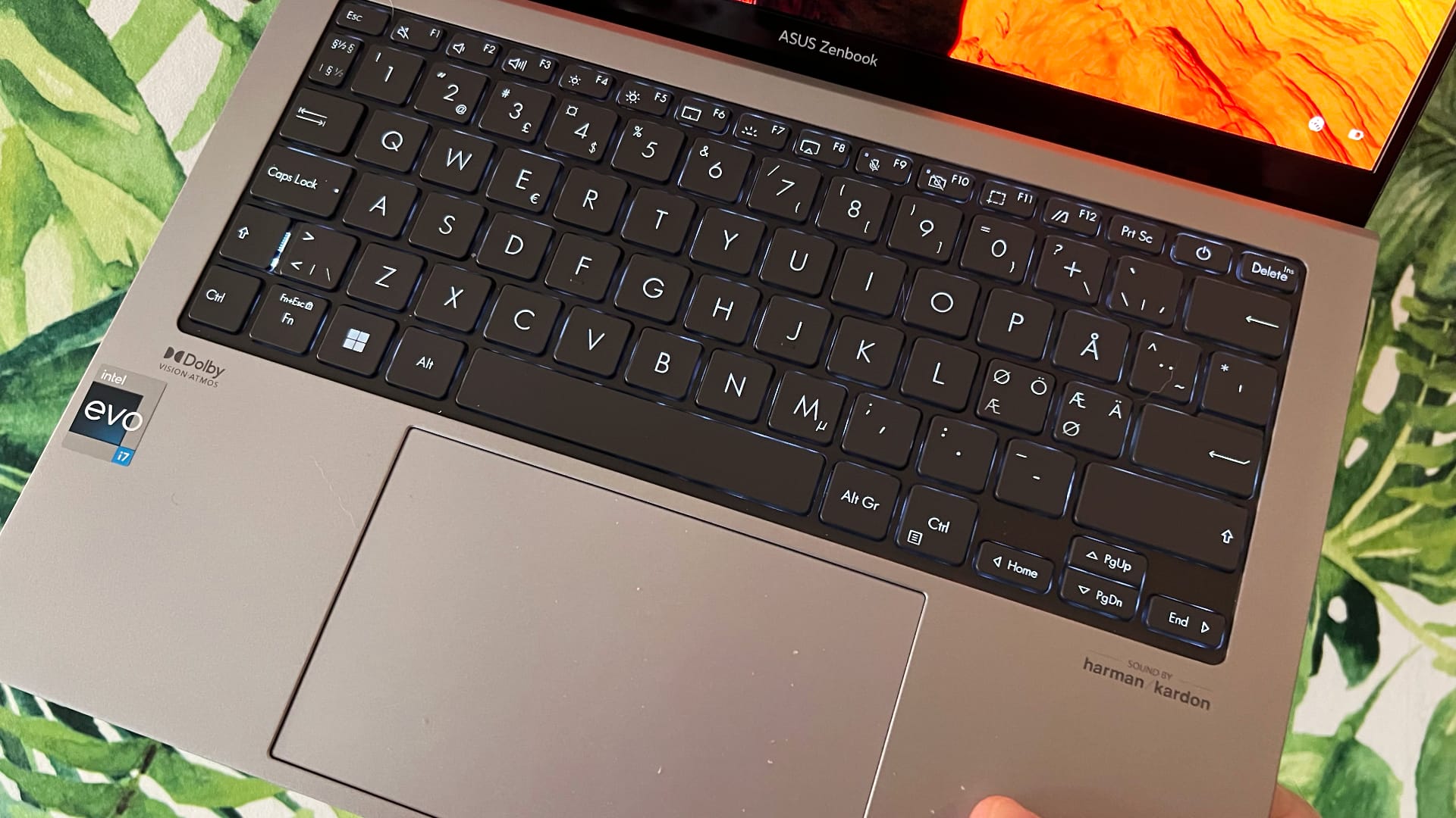 Asus Zenbook S13 Oled (2023) laptop mot grön vägg
