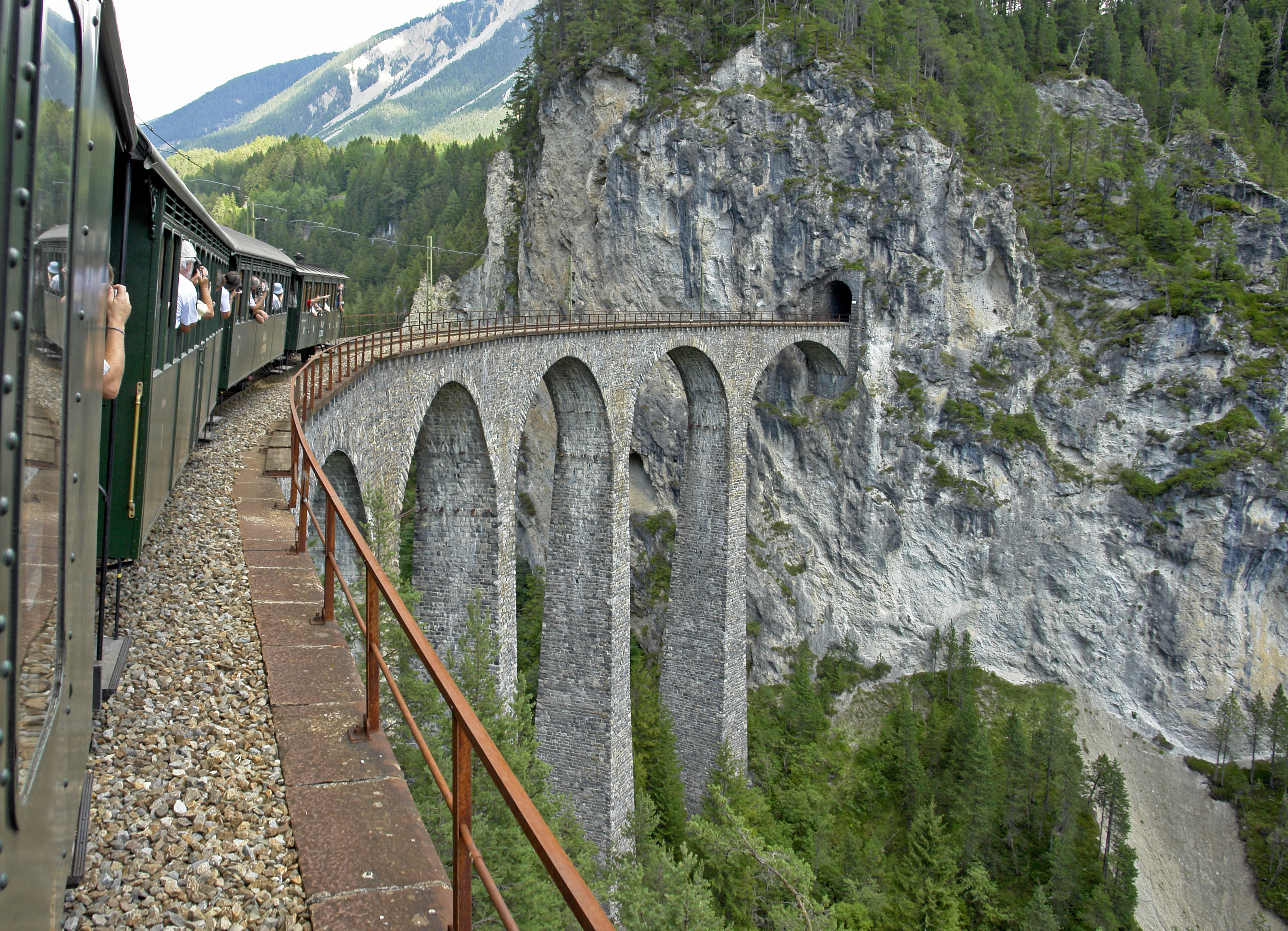 AA train crosses the famous Landwasser viaduct on the line from Filisur to Thusis and Chur.