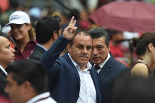 Former footballer Cuauhtemoc Blanco greets supporters during the final event of Andres Manuel Lopez Obrador's presidential campaign in 2018.