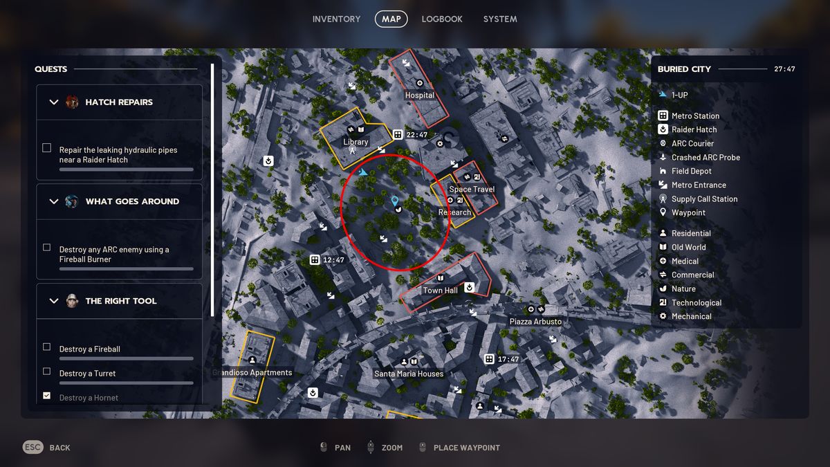 Arc Raiders lemons apricots locations: A map with a red circle highlighting the garden between Library and Town Hall on the Buried City map.