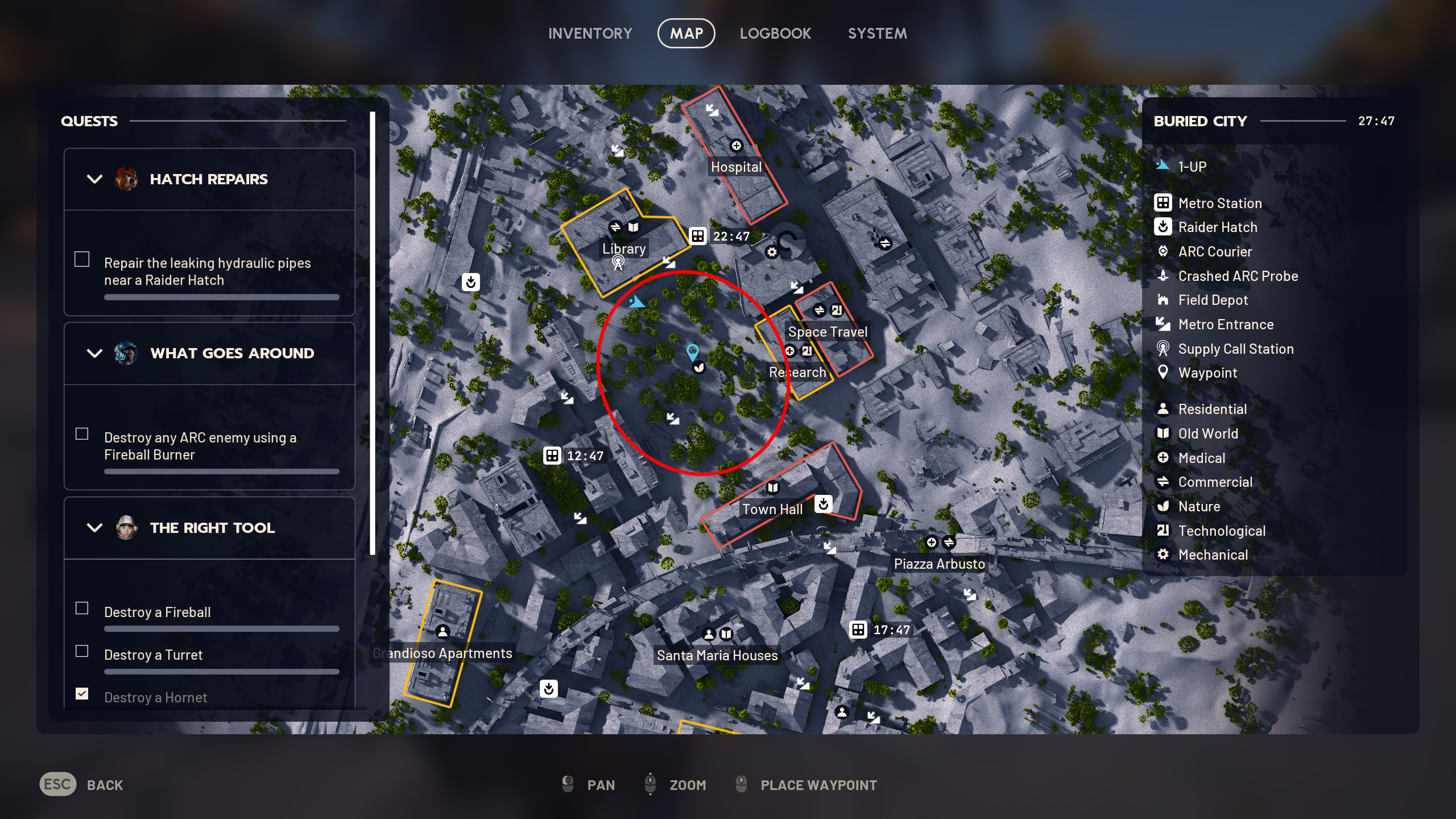 Arc Raiders lemons apricots locations: A map with a red circle highlighting the garden between Library and Town Hall on the Buried City map.