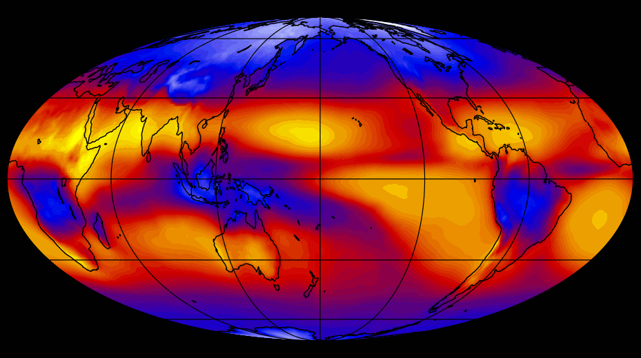Gif showing the outgoing longwave radiation from Earth to space.