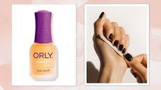 An image of Orly bonder base coat beside an image of a woman's hands with freshly painted black nails, filing her nails with an emery board