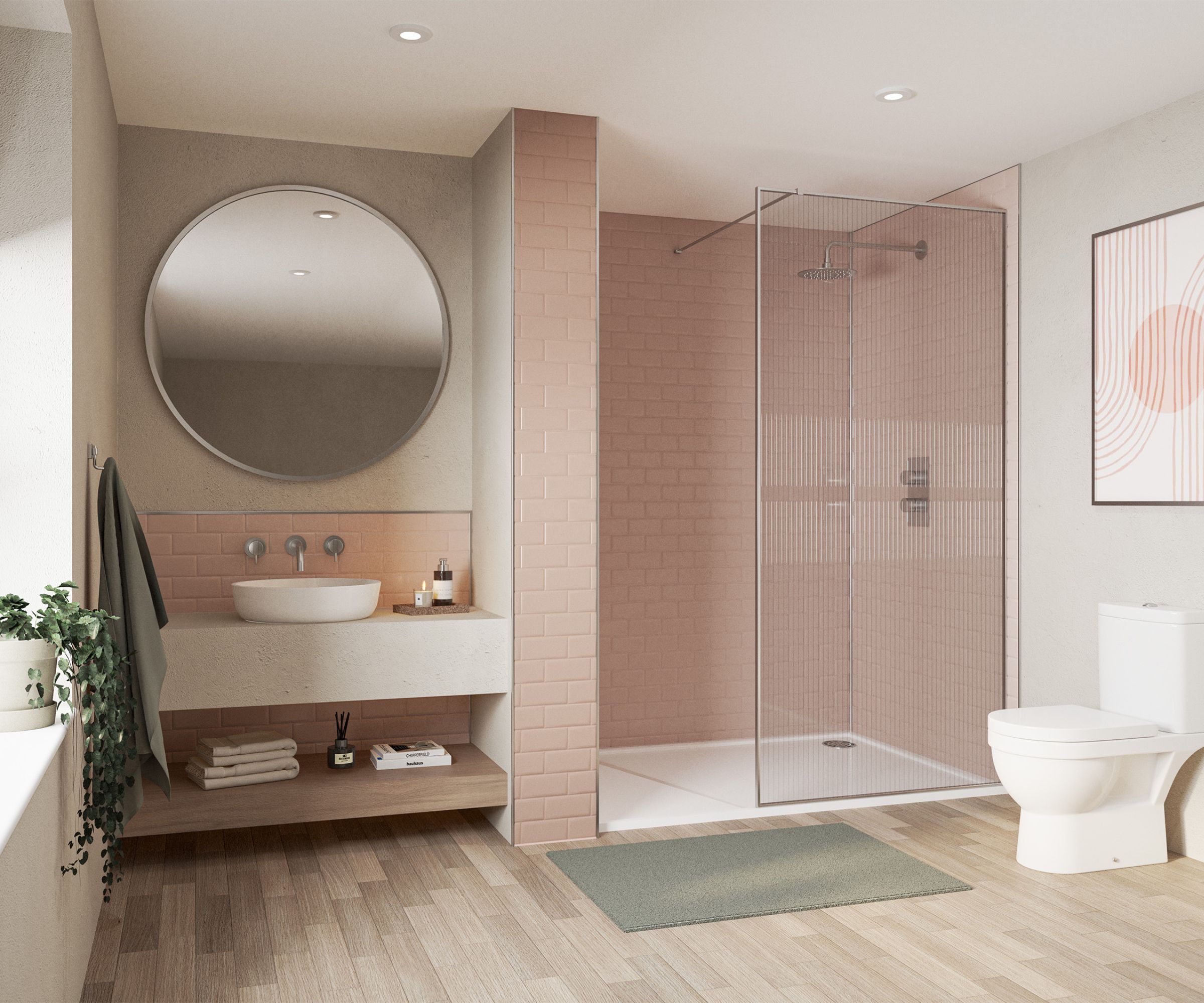 A family bathroom with a large walk in shower with pink tile effect wet wall panels and a large vanity unit with a circular mirror