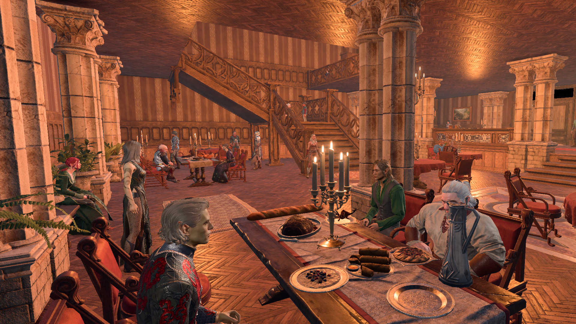 Baldur's Gate characters sit around a dining table in an ornate hall