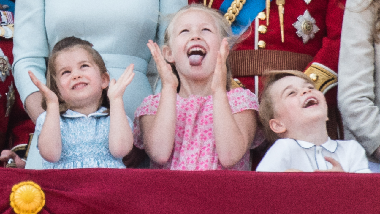 Princess Charlotte of Cambridge, Savannah Phillips and Prince George of Cambridge on the balcony of Buckingham Palace during Trooping The Colour 2018 on June 9, 2018 in London, England.